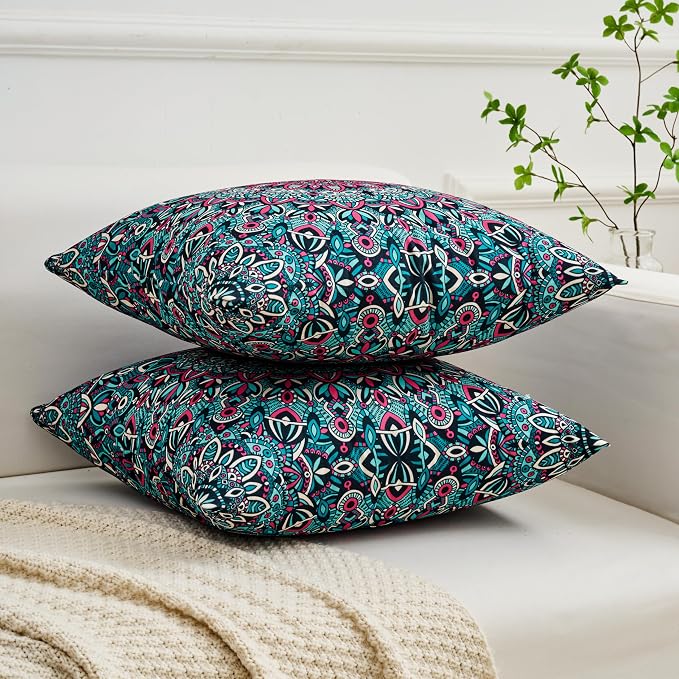 Boho Throw Pillow Covers 18X18 Inch Set of 2 Bohemian Soft Velvet Couch Pillow Cases Farmhouse Decorative Pillow Covers for Sofa Living Room Bedroom Outdoor Patio Porch Teal Geo