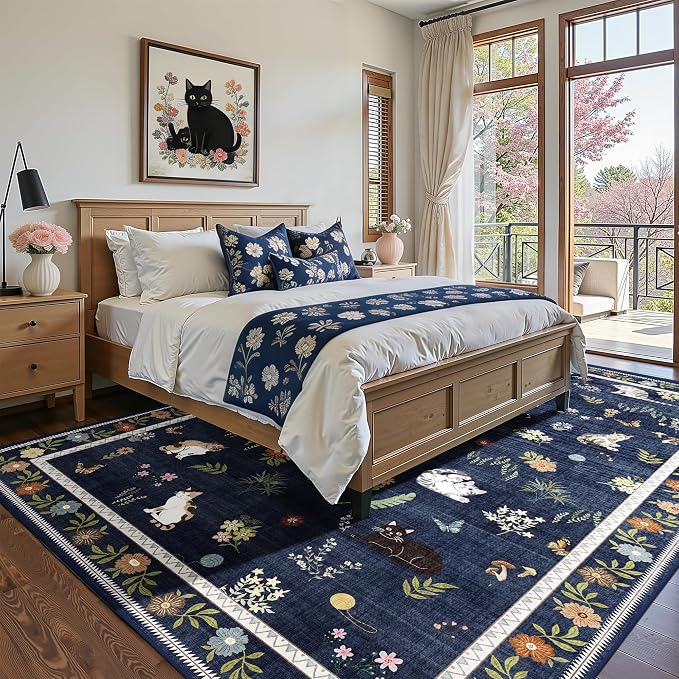 AIMPEAK 5x7 Washable Area Rug - Non Slip Low Profile Cat Floral Boho Carpet for Living Room, Bedroom, Farmhouse, Dining Room, Kids Playroom, Nursery, Vintage, Navy Blue Multi