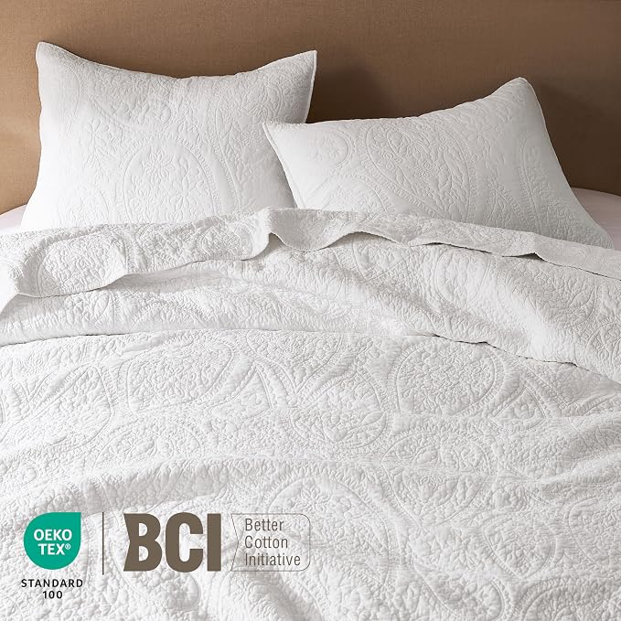 PALASSIO White Paisley 100% Cotton Quilt California Cal King Size Bedding Sets with 2 Pillow Shams, Oversized Boho Floral Farmhouse Vintage Soft Bedspread Shabby Chic Coverlet for All Season, 3 Pieces