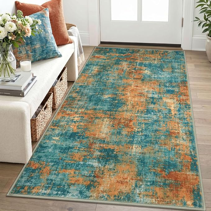 Lansny Abstract Washable Entryway Rug 3x5 Area Rug Non Slip Kitchen Rugs | Teal/Orange;Thin Printed Faux Wool Door Mat;Front Door Rug;Indoor Entry Rug;Rubber Backed Floor Carpet;Throw Rugs