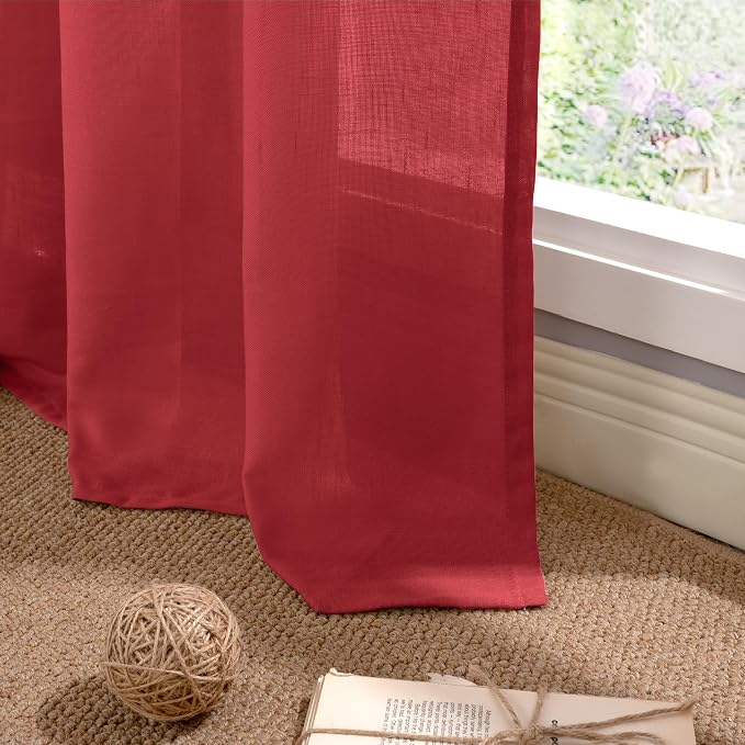 YoungsTex Red Linen Curtains 84 Inches Long for Living Room, Light Filtering Drapes with Grommet Semi Sheer Privacy for Bedroom Dining Room, 2 Panels, 52 X 84 Inch
