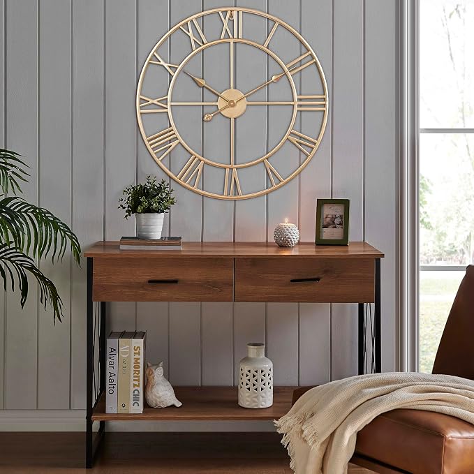 CLXEAST Silent 24 Inch Wall Clock for Living Room Decor,Gold Roman Numeral | Non Ticking,Thicker Champagne Gold Metal Wall Clock for Dinning Room,Entryway,Home Office & Fireplace Decor