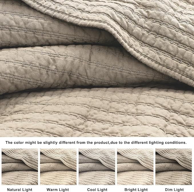 WDCOZY 100% Cotton Queen Size Quilt Set - Beige Neutral Striped Pick Stitch Soft Lightweight Bedspread, Textured Like Linen, Farmhouse Country Rustic Coverlet, Shabby Chic Gauze Bedding, 3 Pieces
