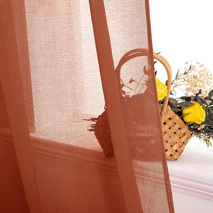 MIULEE Boho Fall Terracotta Linen Textured Sheer Curtains 54W×72L 2 Panels | Semi Transparent, Farmhouse, Window Net Panels with Rod Pocket for Bedroom Living Room