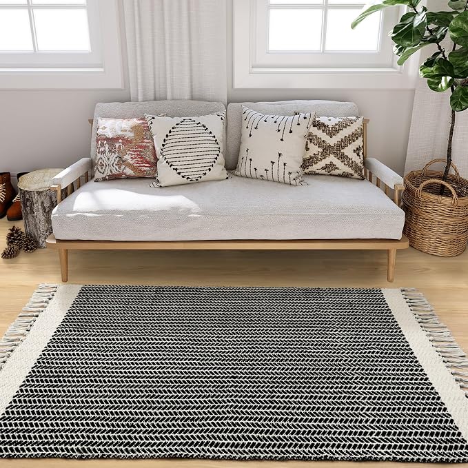 Lahome Boho Bathroom Rugs, 3x5 Washable Area Rug for Kitchen Bedroom Entry | Bath Door Mat with Tassels Woven Cotton, Farmhouse Black And White Throw Carpet for Entryway Living Room Laundry Dorm Decor