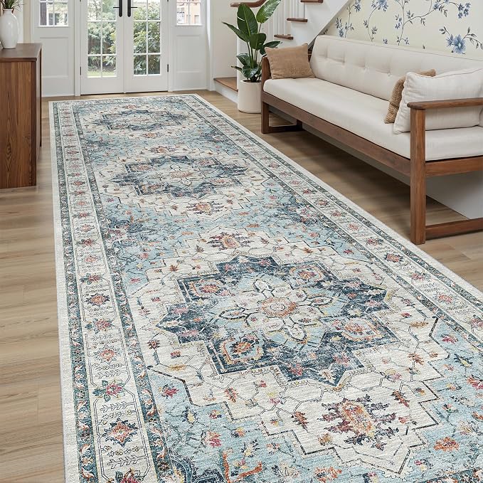 Madane 4x12 Wide Hallway Runner Rug Washable for Living Room, Blue | Soft Stain Resistant Ktichen Runners 12ft, Vintage Non Slip Low Pile Area Rugs, Thin Floor Carpet for Bathroom Dining Bedroom