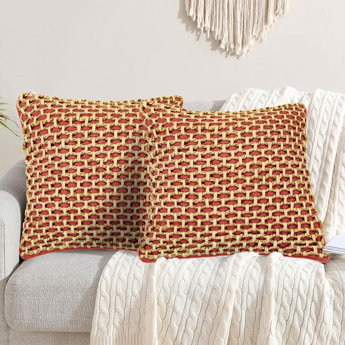 Boho Living Jada Premium Woven Design, Decorative Throw, Living Room Décor, (2) 20" x 20" Pillow Covers, Rust 2 Count