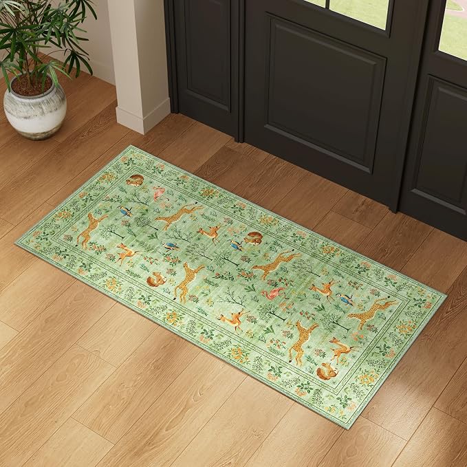 DUKINO 2x5 Rug for Hallway, Washable Animal Runner Rug Non Slip Light Green | Low Pile, Stain Resistant, Soft Indoor Carpet Runner for Kitchen, Entryway, Bedroom, Bathroom, Pet Friendly, Lightweight