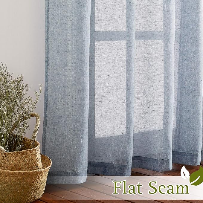 NICETOWN Linen Textured Semi Sheer Curtains 84 inches Length, Eyelet Top Bedroom Window Privacy Translucent Light Filtering Flax Sheer Drapes for Guest Room, 52 inches Wide, 2 Panels, Sea Mist