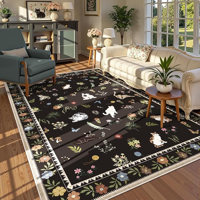 AIMPEAK Black 6x9 Washable Area Rug - Non Slip Low Pile Cat Floral Boho Vintage Carpet for Living Room, Bedroom, Farmhouse, Dining Room, Nursery, Girls Room, Kids Playroom, Black Multi