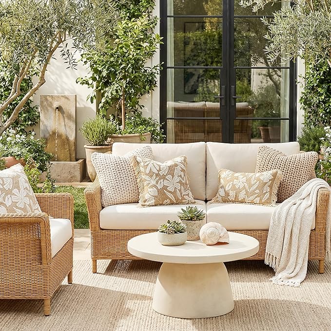 BlissBlush Throw Pillow Cover 20x20 Inch Indoor Outdoor, Jute-Look Floral Tufted Decorative Accent Pillow Case for Patio Sofa Couch Living Room, Cover Only