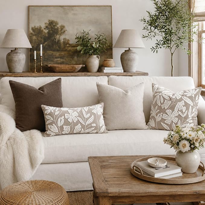 BlissBlush Decorative Lumbar Pillow Cover 12x20, Light Taupe Accent Velvet Throw Pillowcase for Couch Sofa Living Room, Floral Tufted Rectangular Cushion, Cover Only