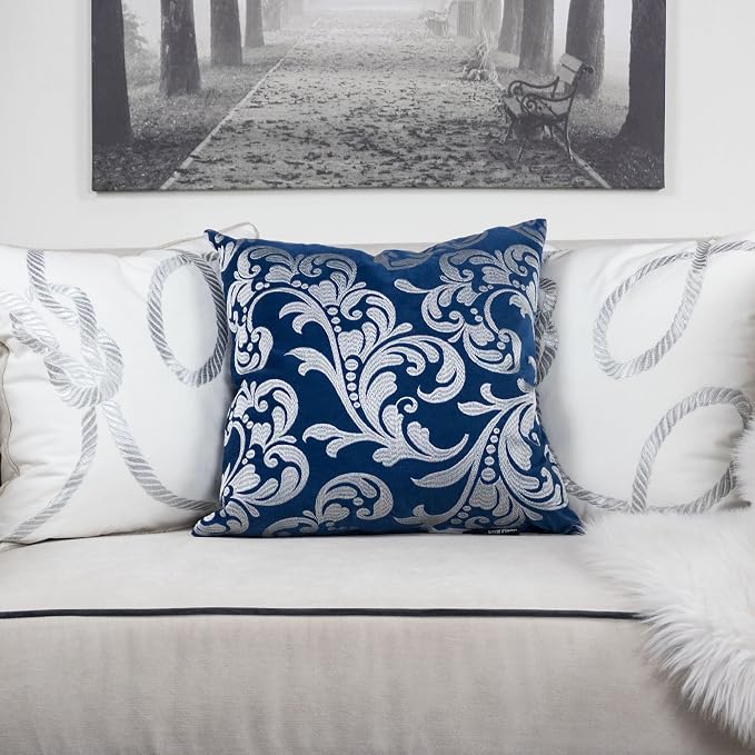 Embroidery Blue Velvet Throw Pillow Cover, Merry Christmas Series Silver Floral Luxury Soft Fuzzy Cozy Warm Slik Gift Square Couch Cushion Pillow Case 20 x 20 Inch, Cover Only