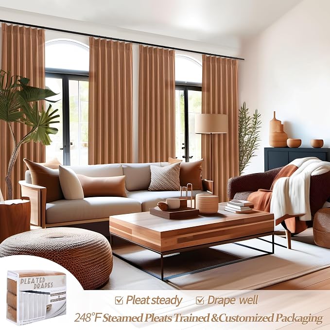 PleatedDrapes Antique Burnt Orange Sheer Autumn Curtains & Drapes 108 Inches Long 2 Panels, Light Filtering Privacy Curtain Rust Linen Blend with Hooks Rings for Living Room/Sunroom/Office,Terracotta