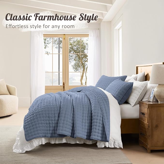 WDCOZY Dusty Blue Cloud Quilt Set King Size, Lightweight Soft Cross Stitch Bedspread, Farmhouse Rustic Country Coverlet, Spring Summer Thin Comforter, 3 Pieces, 2 Pillow Shams, 104x90 inches