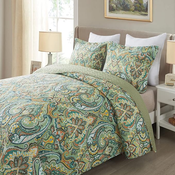 NEWLAKE Cotton Bedspread Quilt Sets - Reversible Patchwork Coverlet Set, European Green Floral Pattern, California King Size