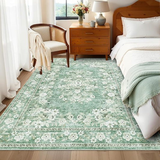 GarveeHome 4x6 Vintage Floral Rug for Living Room Flower Bordered Carpets | Machine Washable Boho Non-Slip Low Pile Botanical Accent Mats Floral Area Rugs for Dining Room Bedroom Office Green