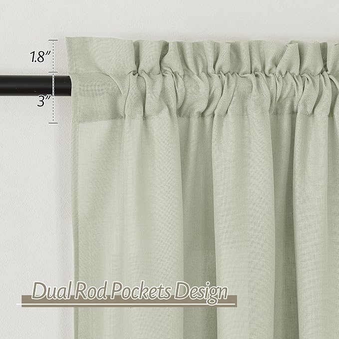 RYB HOME Linen Sheer Curtains 2 Panels for Living Room, Semi Transparent Privacy Drapes with Rod Pocket Farmhouse Style Window Treatments for Bedroom, Sage Green, 52" W x 90" L