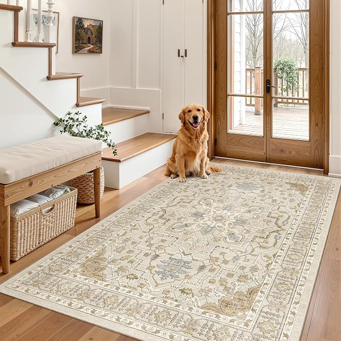 Madane Area Rug 4x6 Washable Rugs Vintage for Living Room, Beige/Blue | Ultra-Thin Stain Resistant Vintage Large 4'X6' Carpet, Low-Pile Floor Mat For Bedroom Dining Room Office Home Decor