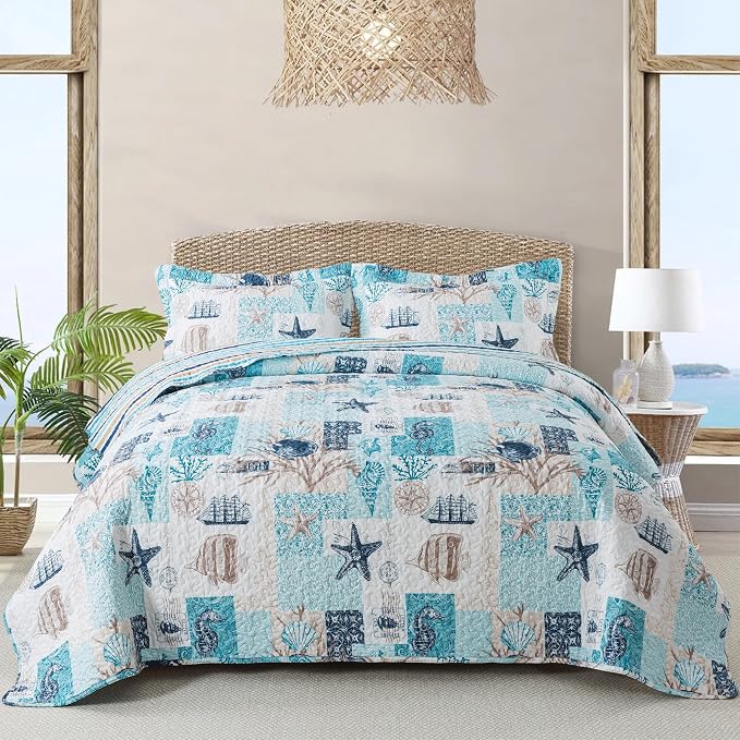 NEWLAKE Quilt Bedspread Sets - West Coastal Pattern Reversible Coverlet Set, King Size
