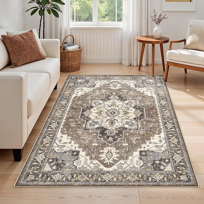 4x6 Area Rug for Living Room - Machine Washable Rugs with Non-Slip Backing Large Bedroom Carpet Distressed Oriental Non-Slip Non-Shedding Soft Thin Floor Mat for Dining Room Playroom(Beige,4x6)
