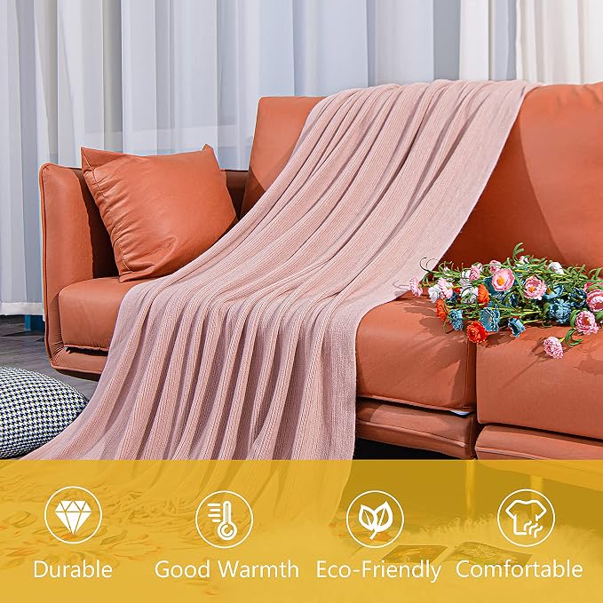 NTBAY Acrylic Knit Throw Blanket, 51 x 67, Light Pink Striped | Lightweight Acrylic Wave-Knit Throw with 7 Inch Tassels for Sofa, Bed, Reading, Travel, and Decorative Layering
