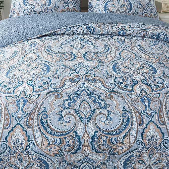 NEWLAKE Cotton Bedspread Quilt Sets-Reversible Patchwork Coverlet Set, European Grey Floral Pattern, Queen Size