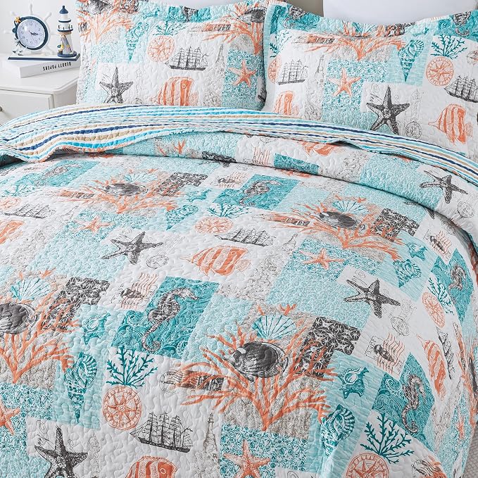 NEWLAKE Quilt Bedspread Sets - West Coastal Pattern Reversible Coverlet Set, Queen Size