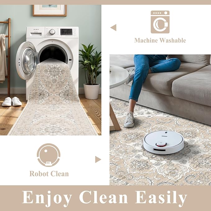 RUUGME Entryway 2x4 Runner Rug: Washable Vintage Kitchen Rugs Non-Slip Low Pile Lightweight Carpet for Hallway Bedroom Soft Thin Stain Resistant Floor Mat for Bathroom Laundry Room (Beige/Cream,2x4)