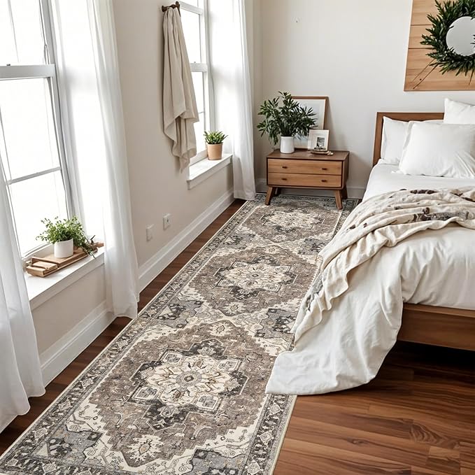 Washable Hallway 3x12 Runner Rug - Non-Slip Kitchen Entryway Rugs with Rubber Backing Vintage Soft Stain Resistant Carpet for Bedroom Indoor Ultra-Thin Home Decor Mat for Living Room (Beige,3x12)