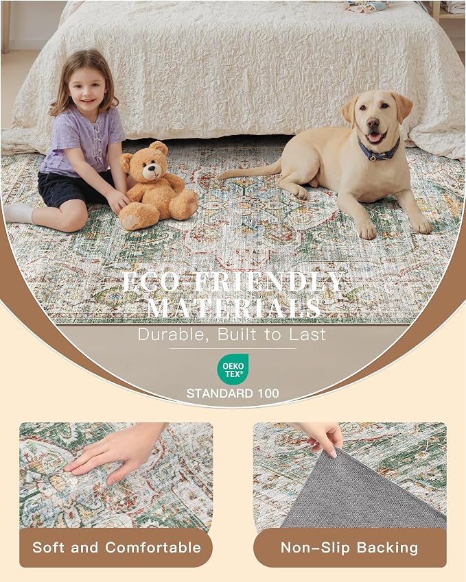 Madane Hallway Runner Rug 2x8 Washable Kitchen Rugs Non-Slip, Green | Vintage Machine Washable Low-Pile Floor Carpet 8ft, Soft Ultra-Thin Throw Entry Foyer Mat for Entrance Laundry Living Room