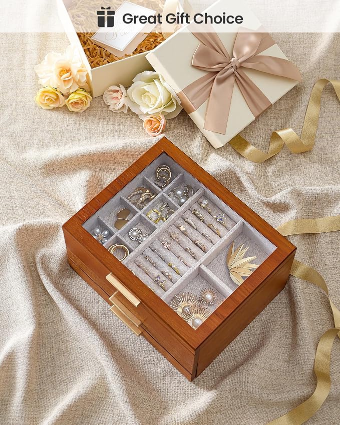 Lolalet Jewelry Box, Clear Window Wood Jewelry Storage for Earrings Bracelets Necklaces Rings, High Capacity Organizer for Women, Valentine's Day Gift -Cherrywood, 4 Layers