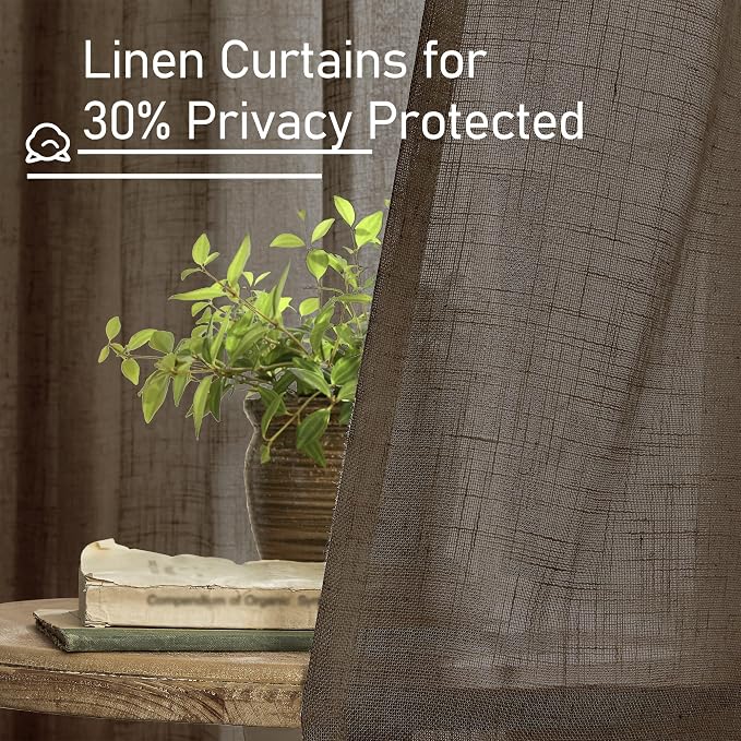 Dark Brown Linen Curtains for Bedroom, 2 Panels, 34 x 72 Inch | 72 Inch Length Light Filtering, Semi Sheer Panels, Neutral Drapes for Living Room, Window Treatment, Rod Pocket Back Tab