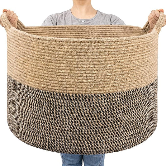 Goodpick Large Wicker Basket for Blankets, Baby Toy Storage Basket, 85L | 21.7 x 21.7 x 13.8 In Storage Basket for Toys Towels, Big Blanket Basket for Living Room, Jute