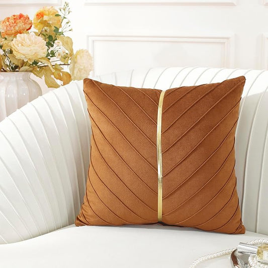 TAOSON Brown Gold Leather Velvet Throw Pillow Covers, 18"x18", Pack of 2 | Gold Leather Decorative, Cushion Cases, Spring Summer, Sofa Couch Living Room Décor