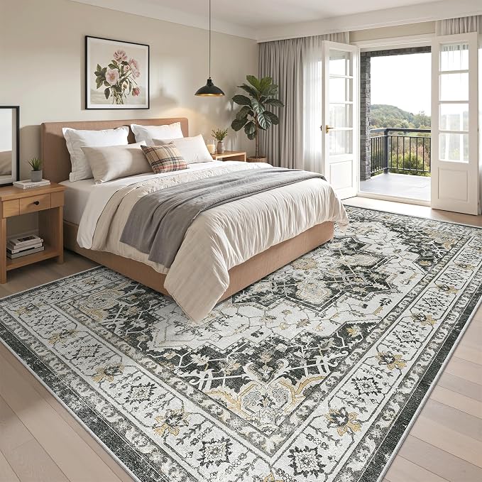 Madane 8x10 Area Rugs for Living Room, Non-Slip Vintage Washable Rug, Black | Ultra-Thin Stain Resistant Large 8'X10' Carpet, Soft Low Pile Floor Mat For Bedroom Dining Room Office Home Decor