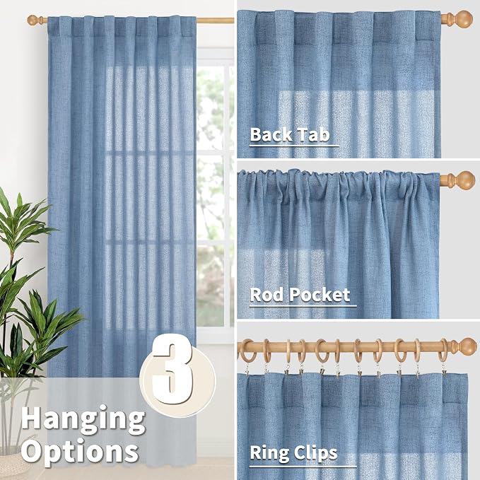 YoungsTex Light Blue Linen Curtains 78 Inch Length for Living Room, Light Filtering Drapes with Rod Pocket Back Tab Semi Sheer Privacy for Office Bedroom Window, 2 Panels, 52 X 78 Inch