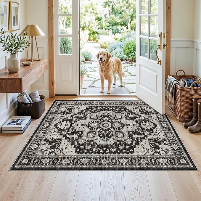 Non-Slip Washable 3x4 Entryway Rug - Boho Low Pile Throw Rugs for Kitchen Entrance Bedroom Soft Thin Area Rugs for Hallway Front Door Bathroom Vintage Distressed Home Decor (Black/Beige/Grey,3x4)