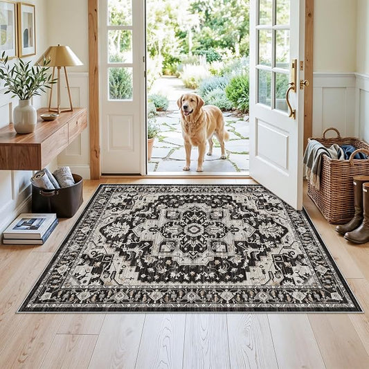 Non-Slip Washable 3x4 Entryway Rug - Boho Low Pile Throw Rugs for Kitchen Entrance Bedroom Soft Thin Area Rugs for Hallway Front Door Bathroom Vintage Distressed Home Decor (Black/Beige/Grey,3x4)