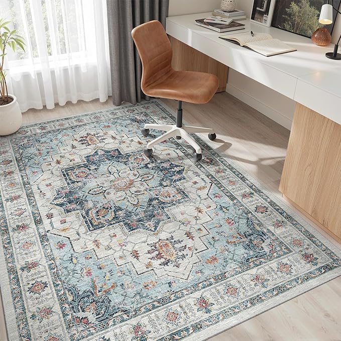 Madane 5x7 Area Rugs for Living Room, Non-Slip Washable Rug, Blue | Ultra-Thin Stain Resistant Vintage Large 5'X7' Carpet, Soft Low Pile Floor Mat For Bedroom Dining Room Office Home Decor