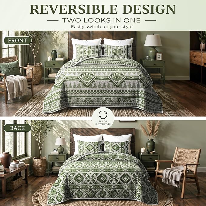 akkialla Reversible Green Boho Queen Quilt Set, 2-Piece Bohemian Aztec Microfiber Bedspread, Soft Lightweight All-Season Coverlet (1 Quilt, 2 Shams)