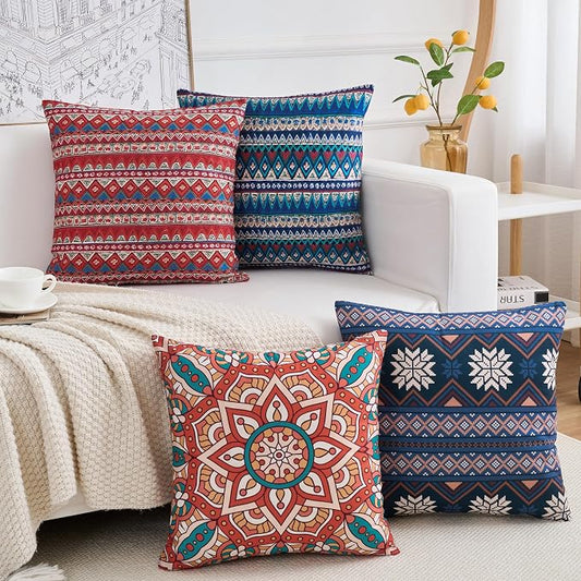 Couch Bohemian Double-Sided Patterned Throw Pillow Covers 20X20 Inch Set of 4 Square Farmhouse Decorative Cushion Covers BOHO Vintage Pillow Cases For Sofa Living Room Bedroom Outdoor Patio Porch