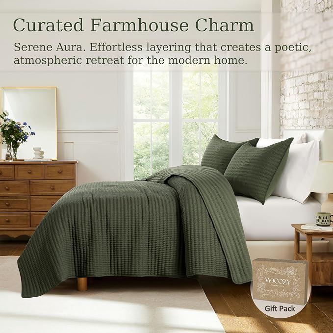 WDCOZY Olive Green Twin Size Pick Stitch Quilt Set, 2 Pieces 68x90 inches | Striped Lightweight Bedspread, Channel Farmhouse Coverlet, All Season Bedding Comforter, Textured Linen-Like, 1 Pillow Sham