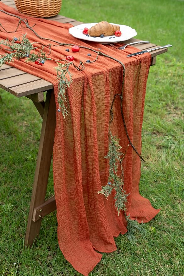 Fall Table Runner Terracotta Cheesecloth 120 Inch Party Home Decorations | For Thanksgiving Friendsgiving Wedding Bridal Shower Baby Shower Engagement Party Rustic Boho Autumn Home Decor