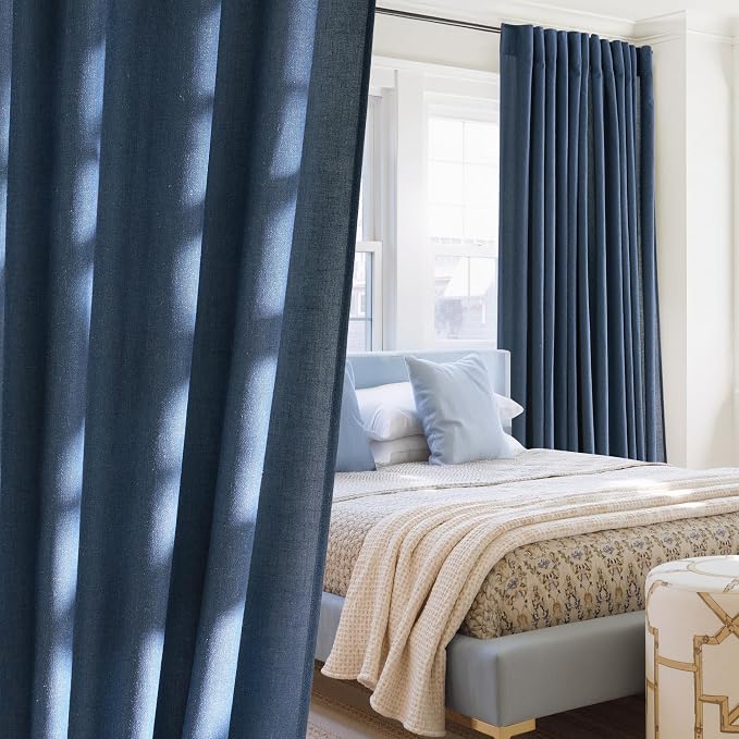 NICETOWN Navy Blue Linen Blend Living Room Curtains, Rod Pocket & Back Tab Privacy Added Thick Linen Weave with Light Filtering Window Treatments for Bedroom, W55 x L102, 2 Panels