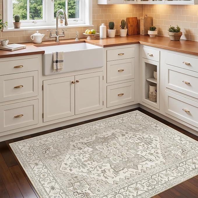 Madane Washable Entry Rug 3x4 Area Rugs for Entryway Kitchen, Beige/Brown | Vintage Printed Door Mat Indoor Entrance, Low-Pile Floor Carpet Runner for Inside Front Bedroom Kitchen Entry Laundry, Stair