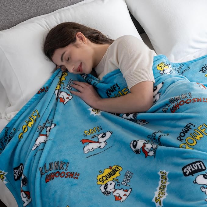 Berkshire Blanket Peanuts® VelvetLoft® Cute Character Snoopy Plush Blanket,Peanuts Large Masked Marvel Toss Happy Blue,King 90 in x 108 in (Official Peanuts® Product)
