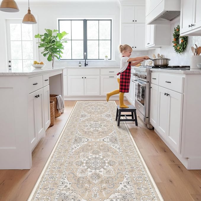 4x12ft Wide Washable Hallway Runners - Non-Slip Vintage Kitchen Rugs with Rubber Backing Stain Resistant Carpet for Dining Room Soft Thin Indoor Floor Mat for Living Room Bedroom (Beige/Cream,4x12)