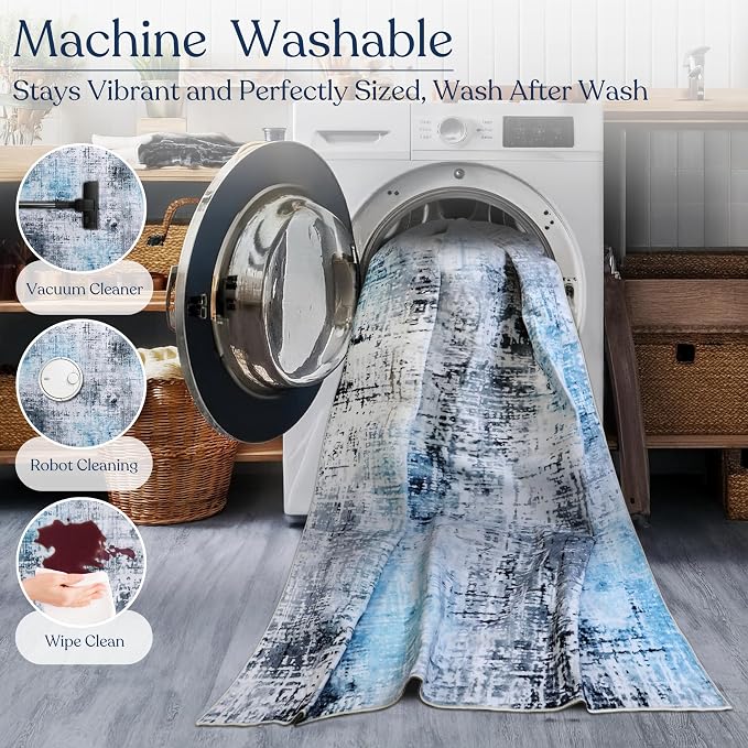 Machine Washable Area Rug, Soft & Durable, Non-Slip, Stain Resistant Rug for Bedroom, Living Room, Dining Room, High Traffic Areas. (Blue, 2.5' X 10')