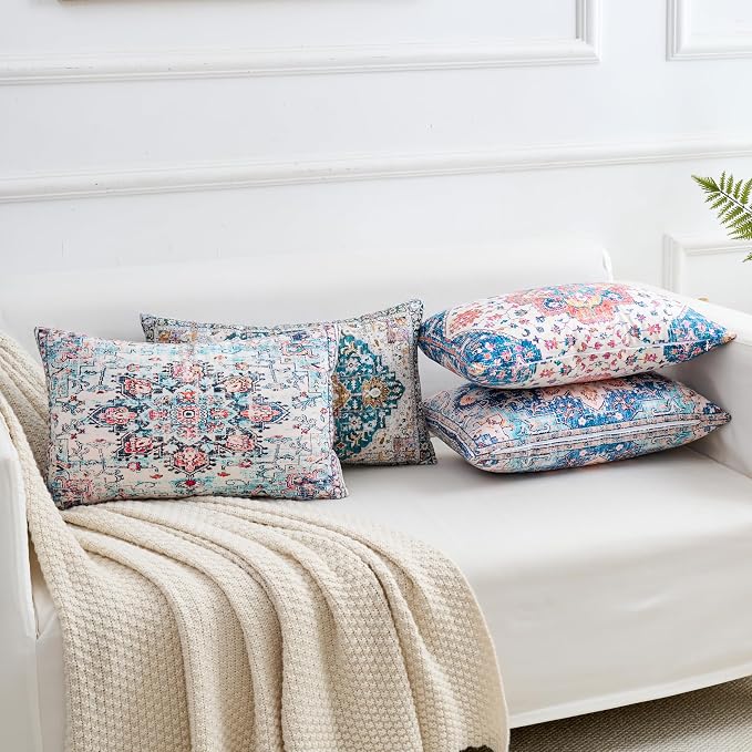 Lumbar Throw Pillow Covers 12x20 Inch Set of 4 Washable BOHO Vintage Style Decorative Throw Pillow Cases Soft Velvet Farmhouse Decor Retro Cushion Covers for Couch Sofa Bed Living Room Outdoor